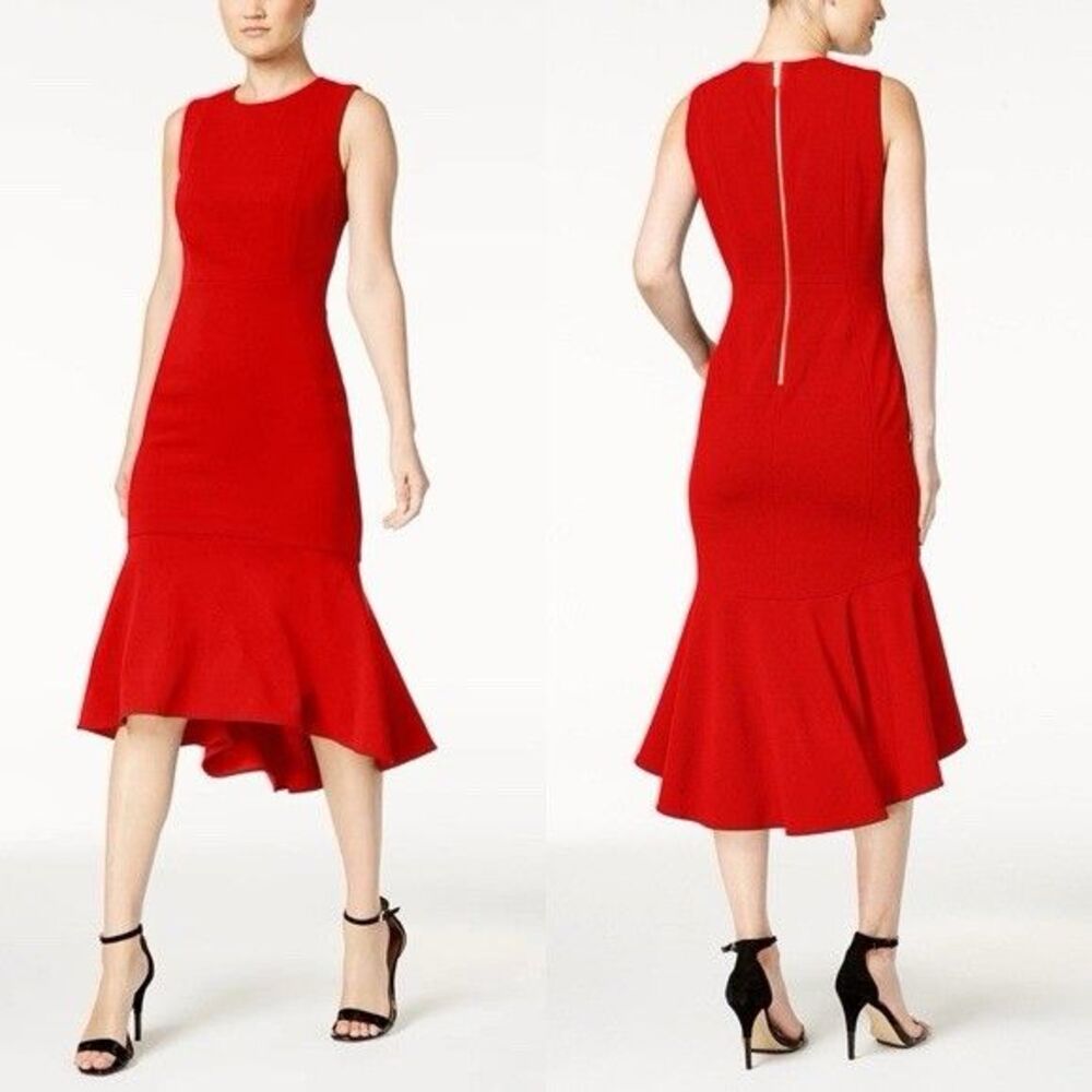 Calvin Klein Dress Red Womens 10 Sleeveless High Lo Peplum Midi Dress